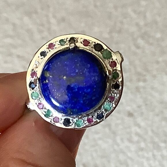Sterling SILVER 925 LAPIS SURROUNDED EMERALD RUBY BLUE SAPPHIRE RING SIZE US 7.5 - Picture 4 of 8